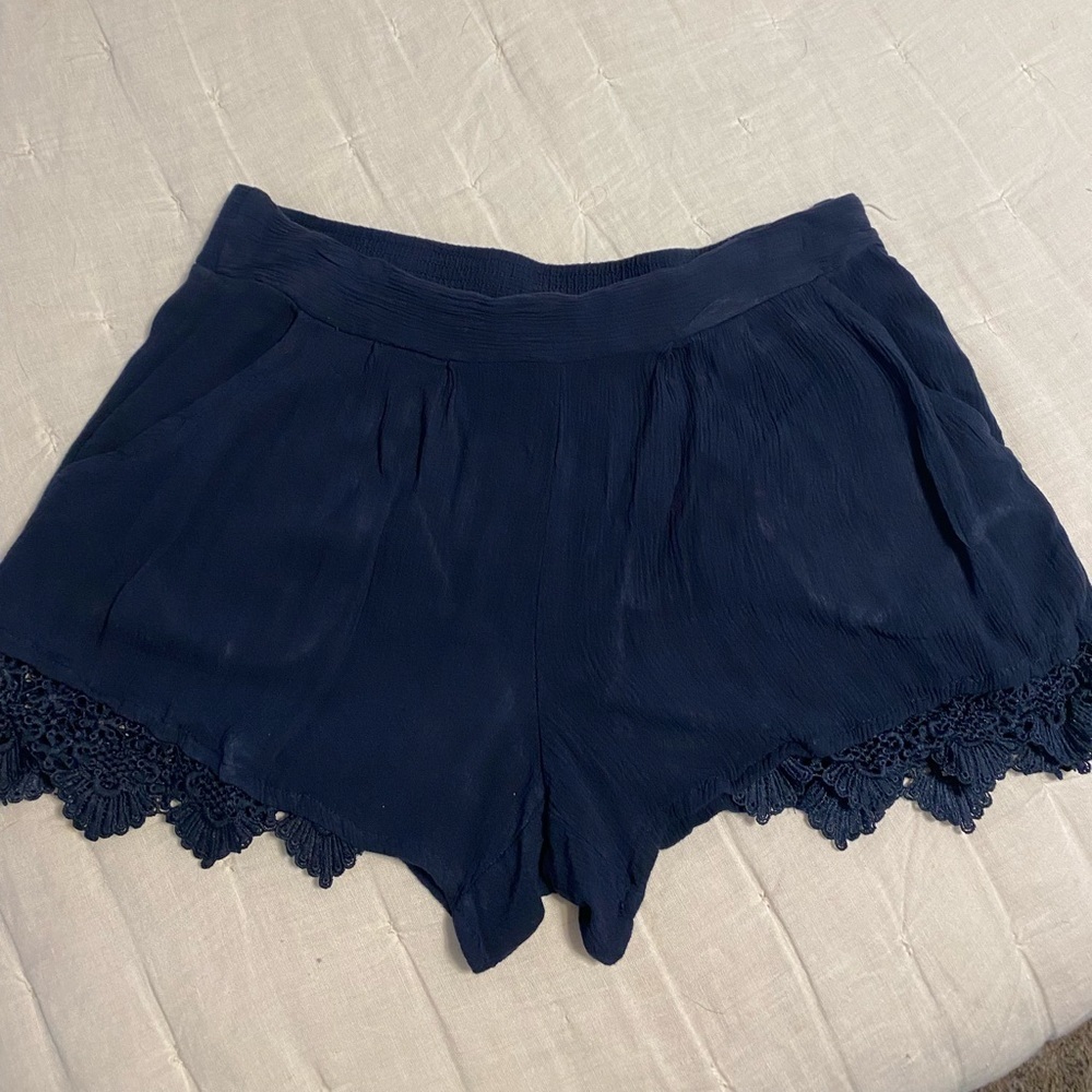 Navy Women's Shorts with Lace Trim